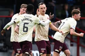 Hearts' Lawrence Shankland celebrates after scoring to make it 1-1 against Ross County in Dingwall. (Photo by Rob Casey / SNS Group)