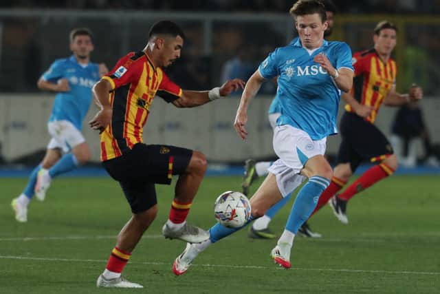 Scott McTominay (R) fights for the ball with Lecce's Danilo Veiga during Saturday's Serie A match . (Photo by CARLO HERMANN/AFP via Getty Images)          