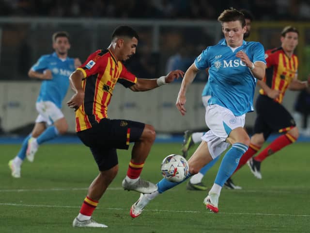 Scott McTominay (R) fights for the ball with Lecce's Danilo Veiga during Saturday's Serie A match . (Photo by CARLO HERMANN/AFP via Getty Images)          