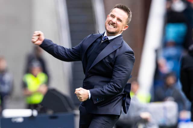 Rangers interim head coach Barry Ferguson celebrates as Cyriel Dessers scores to make it 1-0 against Celtic. Cr: SNS Group.