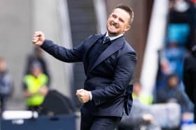 Rangers interim head coach Barry Ferguson celebrates as Cyriel Dessers scores to make it 1-0 against Celtic. Cr: SNS Group.