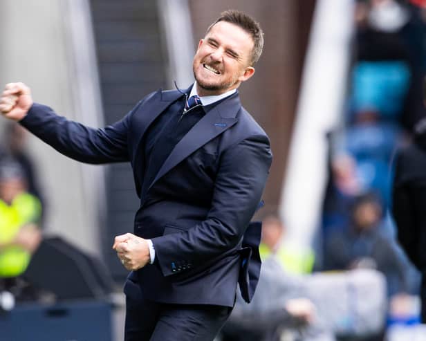 Rangers interim head coach Barry Ferguson celebrates as Cyriel Dessers scores to make it 1-0 against Celtic. Cr: SNS Group.