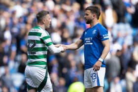 Celtic's Callum McGregor and Rangers' Nicolas Raskin at the end of the 1-1 draw at Ibrox. Cr: SNS Group.