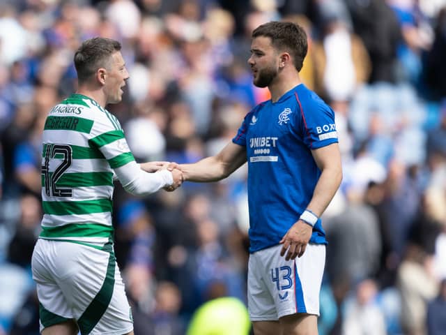 Celtic's Callum McGregor and Rangers' Nicolas Raskin at the end of the 1-1 draw at Ibrox. Cr: SNS Group.