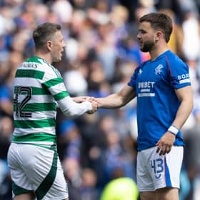 Celtic's Callum McGregor and Rangers' Nicolas Raskin at the end of the 1-1 draw at Ibrox. Cr: SNS Group.