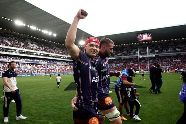 Louis Bielle-Biarrey celebrates Bordeaux-Begles' win over Toulouse.