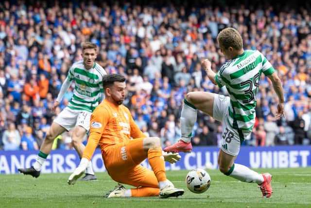 Celtic's Daizen Maeda is thwarted by Rangers keeper Liam Kelly right at the death.