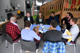 Deputy Labour leader Angela Rayner and Scottish Labour leader Anas Sarwar meeting fathers at Broxburn Family and Community development centre in Livingston to talk about Labour's paternity offer, while on the 2024 General Election campaign trail