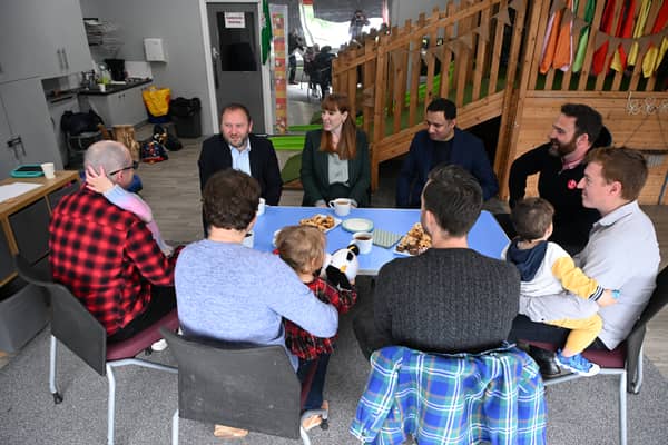 Deputy Labour leader Angela Rayner and Scottish Labour leader Anas Sarwar meeting fathers at Broxburn Family and Community development centre in Livingston to talk about Labour's paternity offer, while on the 2024 General Election campaign trail