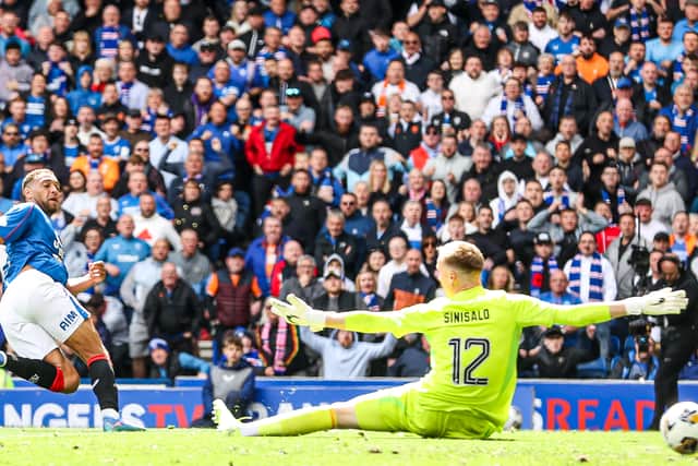 Cyriel Dessers tucks home the opening goal in the 1-1 draw with Celtic at Ibrox on Sunday.