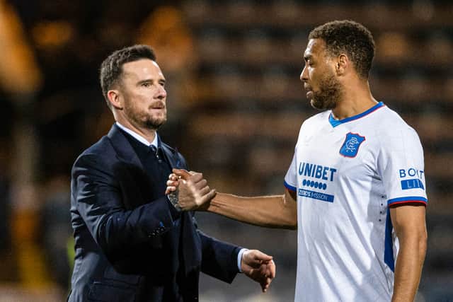 Rangers interim head coach Barry Ferguson and Cyriel Dessers at full time following the 4-3 win over Dundee last month.