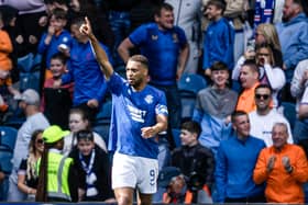 Rangers' Cyriel Dessers celebrates as he scores to make it 1-0 against Celtic. Cr: SNS Group.
