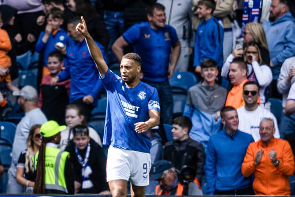 Rangers' Cyriel Dessers celebrates as he scores to make it 1-0 against Celtic. Cr: SNS Group.