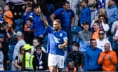 Rangers' Cyriel Dessers celebrates as he scores to make it 1-0 against Celtic. Cr: SNS Group.
