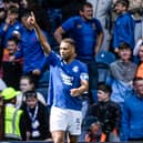 Rangers' Cyriel Dessers celebrates as he scores to make it 1-0 against Celtic. Cr: SNS Group.