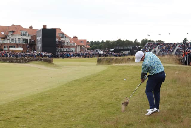Bob MacIntyre plays his second shot on the 18th hole during the final round of the 2024 Genesis Scottish Open at The Renaissance Club 