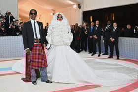 Rihanna and her partner ASAP Rocky arrive for the 2023 Met Gala.