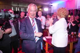 Nigel Farage celebrates election success for Reform UK last week during a visit to The Big Club in Newton Aycliffe, County Durham (Picture: Owen Humphreys)