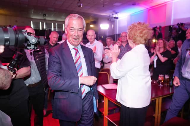 Nigel Farage celebrates election success for Reform UK last week during a visit to The Big Club in Newton Aycliffe, County Durham (Picture: Owen Humphreys)