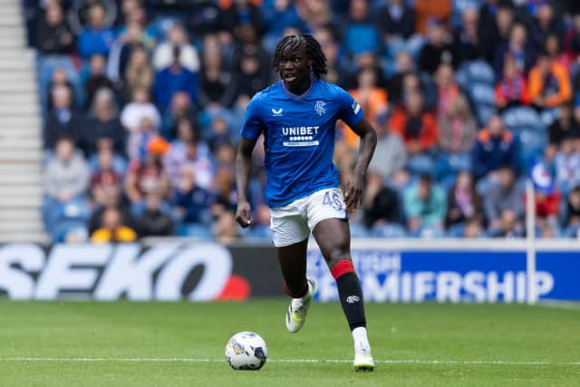 Johnly Yfeko in action for Rangers during a League Cup match against Greenock Morton at Ibrox on August 19, 2023. (Photo by Craig Foy / SNS Group)
