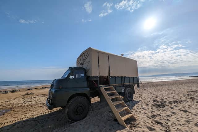 The Green Goddess Wild Water Sauna, a converted vintage truck that operates from Drumadoon Farm Estate, at Blackwaterfoot Beach, Arran