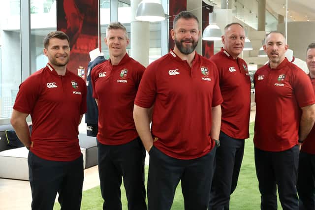 Head coach Andy Farrell (centre, front) and his British and Irish Lions coaching staff (from left) Richard Wigglesworth, England; Simon Easterby, Ireland; John Dalziel, Scotland; Andrew Goodman, Ireland; and John Fogarty, Ireland. (Photo by David Rogers/Getty Images)