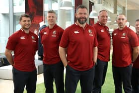 Head coach Andy Farrell (centre, front) and his British and Irish Lions coaching staff (from left) Richard Wigglesworth, England; Simon Easterby, Ireland; John Dalziel, Scotland; Andrew Goodman, Ireland; and John Fogarty, Ireland. (Photo by David Rogers/Getty Images)