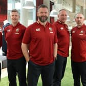 Head coach Andy Farrell (centre, front) and his British and Irish Lions coaching staff (from left) Richard Wigglesworth, England; Simon Easterby, Ireland; John Dalziel, Scotland; Andrew Goodman, Ireland; and John Fogarty, Ireland. (Photo by David Rogers/Getty Images)