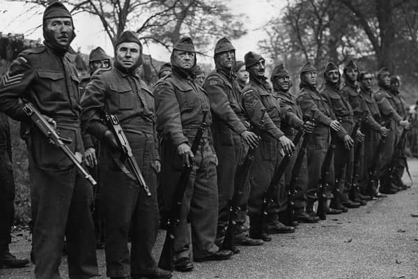 The Home Guard, a civilian militia which supported the Home Forces during World War Two from 1940, in training. The Home Forces mobilised along the coastlines of Britain - including Scotland - in preparation for a feared Nazi invasion.