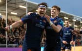Edinburgh's Jamie Ritchie celebrates a try against Sharks at Hive Stadium.