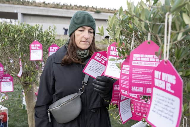 A campaigner reads notes displaying the 'dying wishes' of terminally ill people and others at an event in support of a proposed law to allow assisted dying in Scotland (Picture:  Lesley Martin)