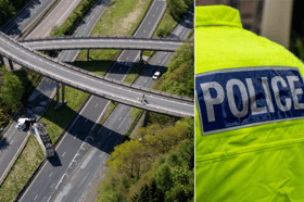 An HGV lorry is seen on its side after crashing through a barrier and falling from a bridge on the M90 near Perth.