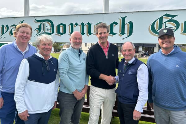 Pictured celebrating the tie up between Royal Dornoch and US golf course designers KCD are, from left, Mark Allan, Tad King, Gary Bethune (captain), Rob Collins, Neil Hampton (general manager) and Trevor Dormer 