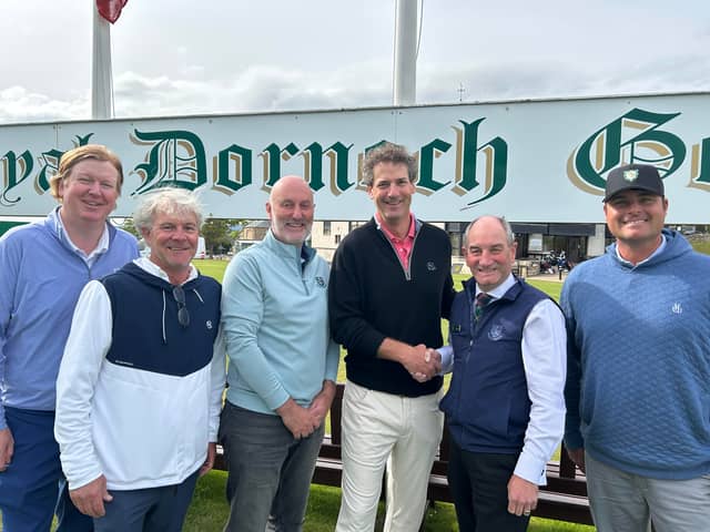 Pictured celebrating the tie up between Royal Dornoch and US golf course designers KCD are, from left, Mark Allan, Tad King, Gary Bethune (captain), Rob Collins, Neil Hampton (general manager) and Trevor Dormer 
