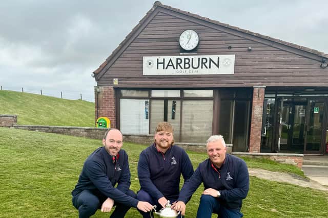 Craigielaw’s Guy Dalziel, Marc Reid and Kenny Glen show off the Lothians Team Tournament Trophy at Harburn