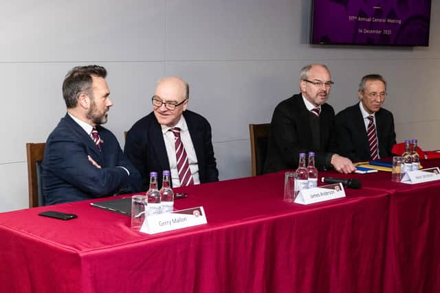 From left: Foundation of Hearts Chairman Gerry Mallon with non-Executive Director James Anderson, Non-Executive Director Kevin Windram and Non-Executive Director Donald Cumming during a Heart of Midlothian AGM at Tynecastle Park, on December 14, 2023, in Edinburgh, Scotland. (Photo by Paul Devlin / SNS Group)