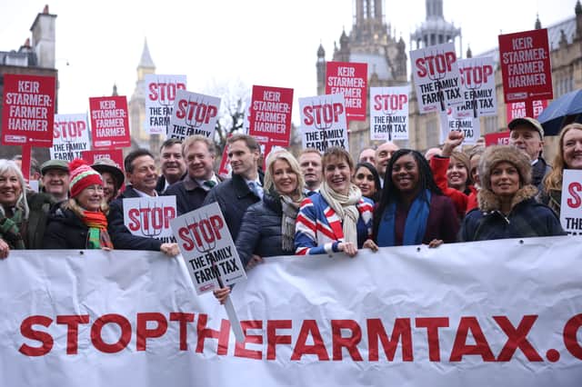 Leading Conservative politicians, including Kemi Badenoch, with farmers as they protest about changes to inheritance tax. Family business owners may also join their ranks (Picture:  Dan Kitwood)