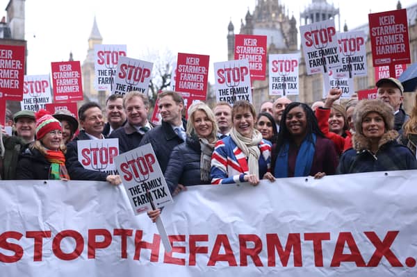 Leading Conservative politicians, including Kemi Badenoch, with farmers as they protest about changes to inheritance tax. Family business owners may also join their ranks (Picture:  Dan Kitwood)