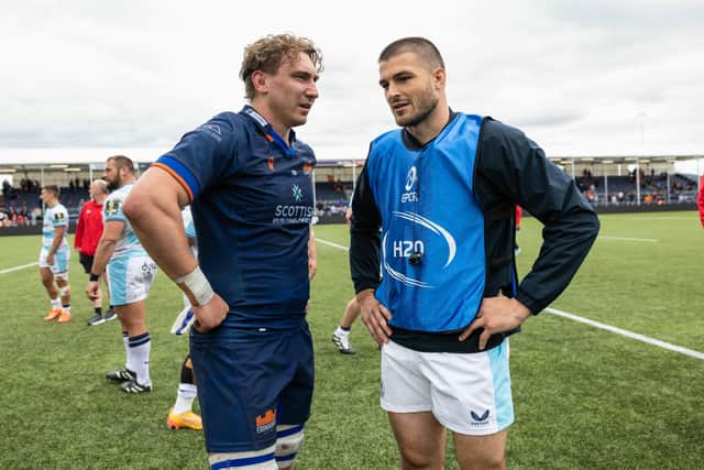 Edinburgh's Jamie Ritchie (L) and Bath's Josh Bayliss after the Challenge Cup semi-final.