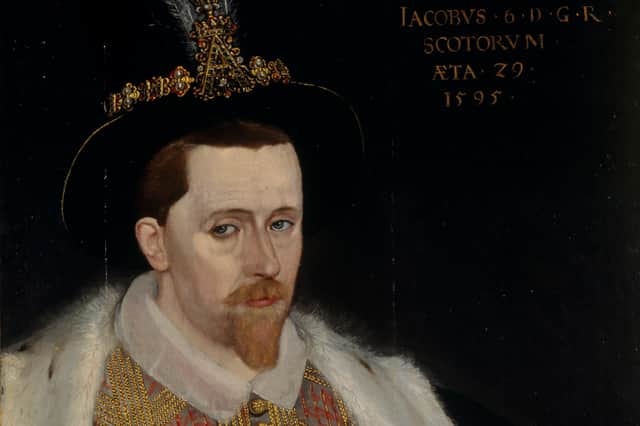 Detail from a portrait of James VI and I attributed to Adrian Vanson, 1566 - 1625