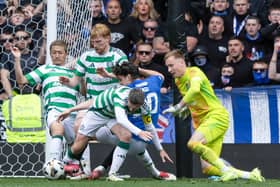 Celtic's Callum McGregor challenges Rangers' Ianis Hagi in the box in the 80th minute of Sunday's Old Firm clash at Ibrox.  (Photo by Craig Foy / SNS Group)