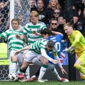 Celtic's Callum McGregor challenges Rangers' Ianis Hagi in the box in the 80th minute of Sunday's Old Firm clash at Ibrox.  (Photo by Craig Foy / SNS Group)