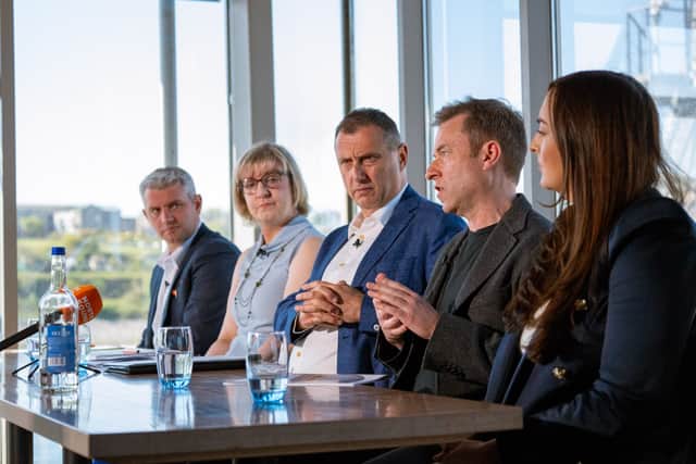 Members of the Aberdeen & Grampian Chamber Of Commerce speak at a press conference