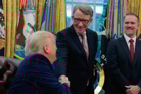 Donald Trump shakes hands with Peter Mandelson, the UK's ambassador to the US, during the announcement of a new trade deal between the two countries (Picture: Anna Moneymaker)