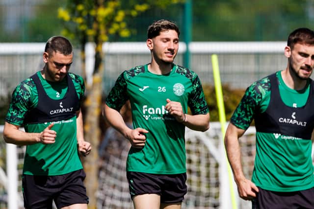 Nectarios Triantis trains ahead of Hibs' visit to Celtic Park.