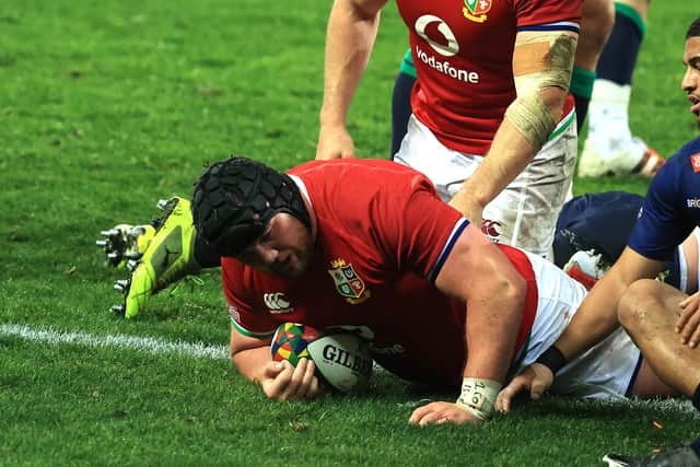 Zander Fagerson scores for the Lions against the Stormers in Cape Town during the 2021 tour.