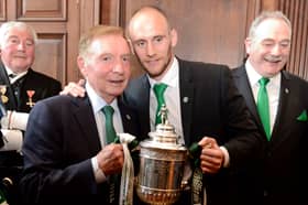 Sir Tom Farmer, left, and then Hibs captain David Gray after the Scottish Cup triumph in 2016.