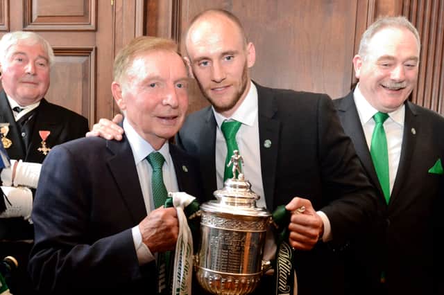 Sir Tom Farmer, left, and then Hibs captain David Gray after the Scottish Cup triumph in 2016.