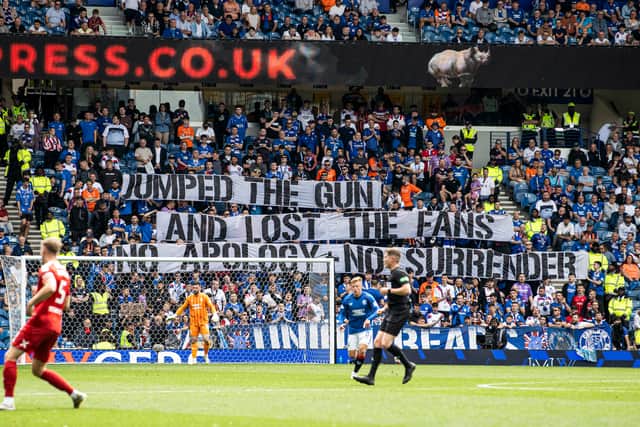 Rangers fans display a banner which reads 'Jumped the gun and lost the fans, no apology - no surrender' during the 4-0 win over Aberdeen at Ibrox. (Photo by Alan Harvey / SNS Group)