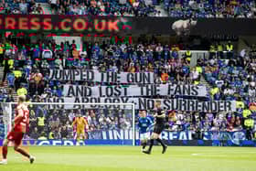 Rangers fans display a banner which reads 'Jumped the gun and lost the fans, no apology - no surrender' during the 4-0 win over Aberdeen at Ibrox. (Photo by Alan Harvey / SNS Group)